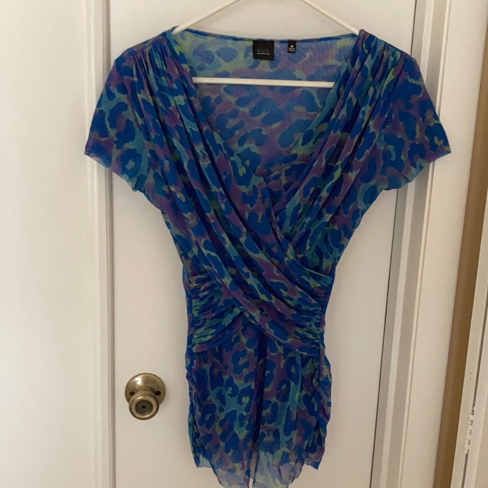 Short sleeve cheetah print faux wrap top